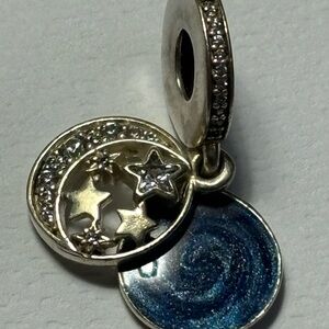 Pandora Silver and Blue Celestial charm with words on back of moon. See pic